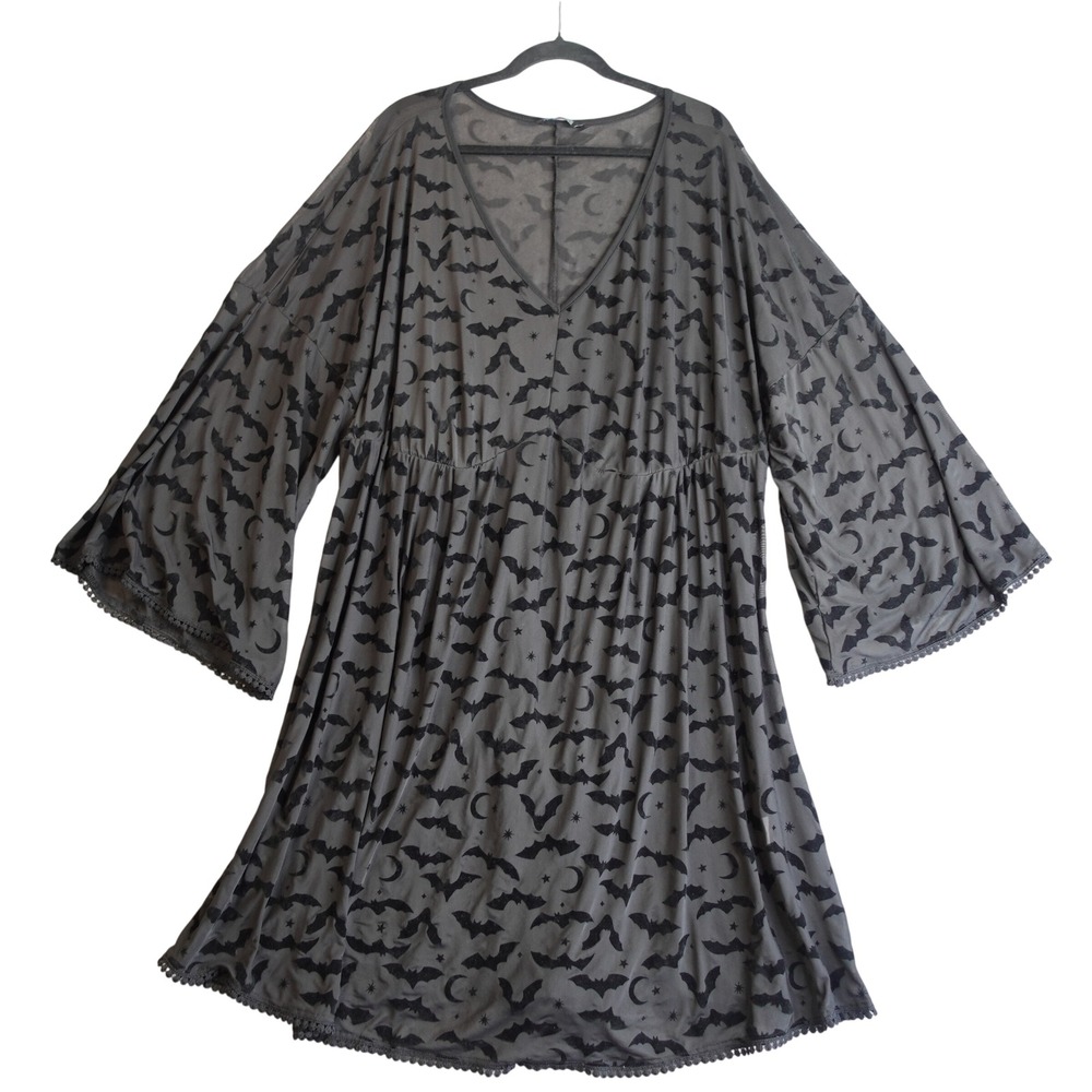 Whimsigoth Sheer Velvet Burnout Bat Moon Print Babydoll Dress 22-24 Black Goth